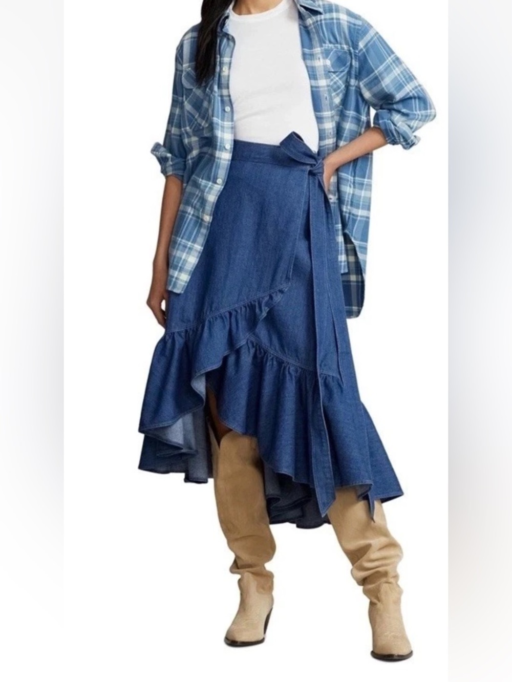 Ralph Lauren Blue Ruffles Wrap  Skirt  Size 8 Festival Cowgirl Western Coastal - Picture 2 of 8